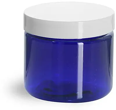 2 oz Blue PET Straight Sided Jars w/ White Smooth Plastic Lined Caps