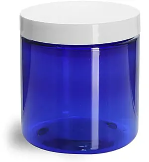8 oz Blue PET Straight Sided Jars w/ White Smooth Plastic Lined Caps
