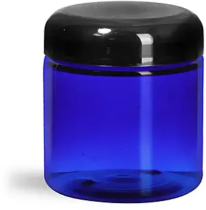 4 oz Plastic Jars, Blue PET Straight Sided Jars w/ Black Dome Lined Caps