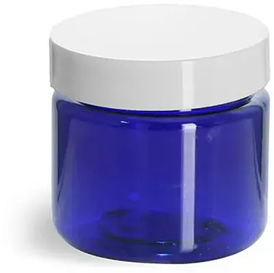 1 oz Blue PET Straight Sided Jars w/ White Smooth Plastic Lined Caps