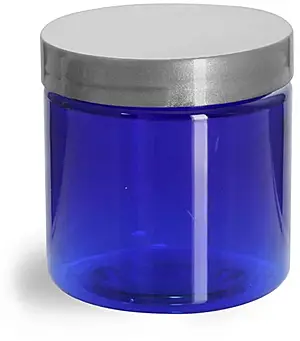 4 oz Blue PET Straight Sided Jars w/ Silver Smooth Lined Caps