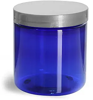 8 oz Blue PET Straight Sided Jars w/ Silver Smooth Lined Caps