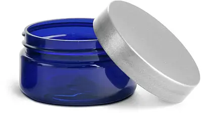 2 oz Blue PET Heavy Wall Jars w/ Silver Smooth PE Lined Caps
