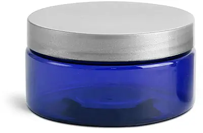 8 oz Blue PET Heavy Wall Jars w/ Silver Smooth PE Lined Caps