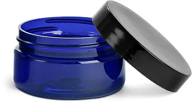 2 oz Blue PET Heavy Wall Jars w/ Black Smooth PE Lined Caps