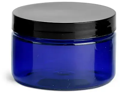 4 oz Blue PET Heavy Wall Jars w/ Black Smooth PE Lined Caps