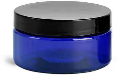8 oz Blue PET Heavy Wall Jars w/ Black Smooth PE Lined Caps