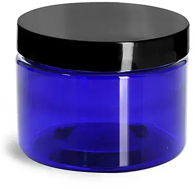 12 oz Blue PET Straight Sided Jars w/ Black Smooth Caps