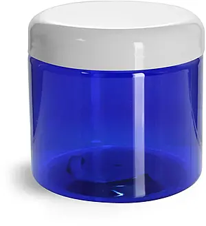 16 oz PET Plastic Jars, Blue Straight Sided Jars w/ White Dome Lined Caps