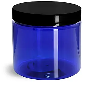 16 oz PET Plastic Jars, Blue Straight Sided Jars w/ Black Smooth Plastic Lined Caps