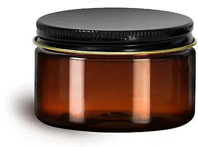4 oz Amber PET Heavy Wall Jars with Lined Black Metal Caps