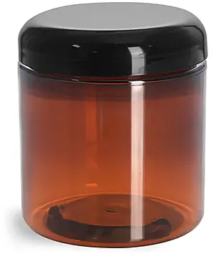 8 oz Plastic Jars, Amber PET Straight Sided Jars w/ Lined Black Dome Caps