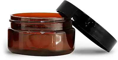 2 oz Amber PET Heavy Wall Jars w/ Black Smooth Plastic Lined Caps