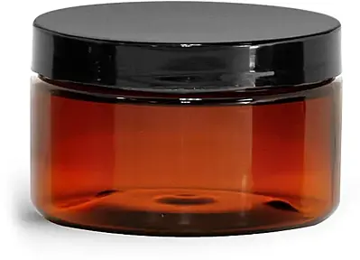 4 oz Amber PET Heavy Wall Jars w/ Black Smooth Plastic Lined Caps