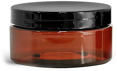 8 oz Amber PET Heavy Wall Jars w/ Black Smooth Plastic Lined Caps