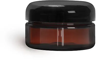 2 oz Plastic Jars, Amber PET Heavy Wall Jars w/ Lined Black Dome Caps