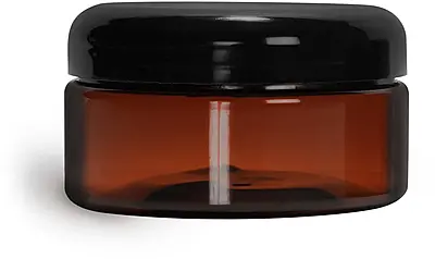 8 oz Plastic Jars, Amber PET Heavy Wall Jars w/ Lined Black Dome Caps