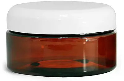 8 oz Amber PET Heavy Wall Jars w/ Lined White Dome Caps