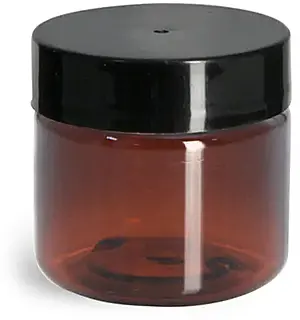 1 oz Amber PET Straight Sided Jars w/ Black Smooth Plastic Lined Caps
