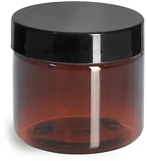 2 oz Amber PET Straight Sided Jars w/ Black Smooth Plastic Lined Caps