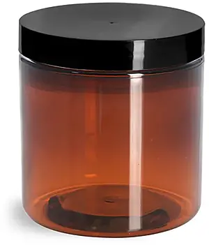 8 oz Amber PET Straight Sided Jars w/ Black Smooth Plastic Lined Caps