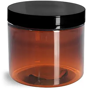 16 oz Amber PET Straight Sided Jars w/ Black Smooth Plastic Lined Caps