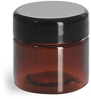 1/2 oz Plastic Jars, Amber PET Straight Sided Jars w/ Lined Black Dome Caps