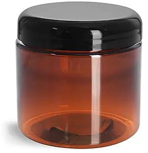 16 oz Plastic Jars, Amber PET Straight Sided Jars w/ Lined Black Dome Caps