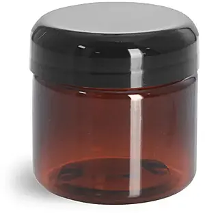 2 oz Plastic Jars, Amber PET Straight Sided Jars w/ Lined Black Dome Caps