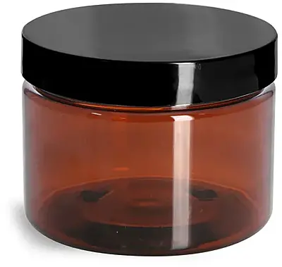 12 oz Amber PET Straight Sided Jars w/ Black Smooth Lined Caps