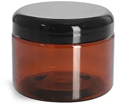 12 oz Plastic Jars, Amber PET Straight Sided Jars w/ Lined Black Dome Caps