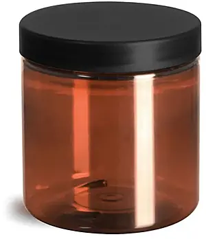 8 oz Plastic Jars, Amber PET Straight Sided Jars w/ Frosted Black Lined Caps