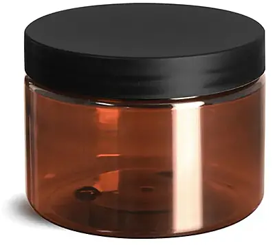12 oz Plastic Jars, Amber PET Straight Sided Jars w/ Frosted Black Lined Caps