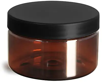 4 oz Plastic Jars, Amber PET Heavy Wall Jars w/ Frosted Black Lined Caps