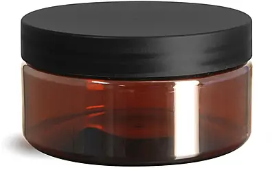 8 oz Plastic Jars, Amber PET Heavy Wall Jars w/ Frosted Black Lined Caps