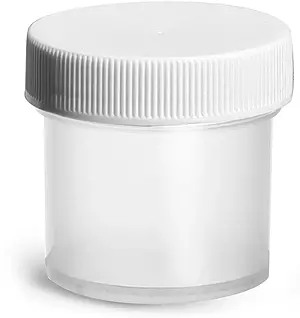 1 oz Plastic Jars, Natural Polypropylene Jars w/ Ribbed White PE Lined Caps