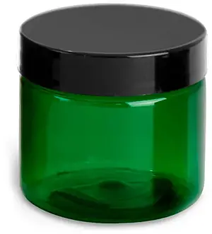 2 oz Green PET Straight Sided Jars w/ Black Smooth Plastic Lined Caps