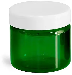 2 oz Green PET Straight Sided Jars w/ White Smooth Plastic Lined Caps