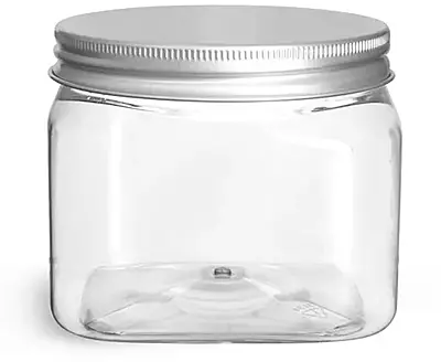 16 oz Clear PET Square Jars w/ Lined Aluminum Caps