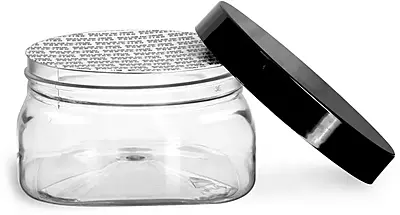 4 oz Clear PET Square Jars w/ Black Smooth PS22 Plastic Lined Caps