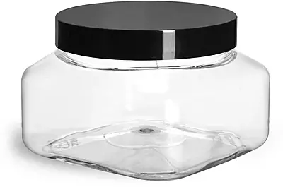8 oz Clear PET Square Jars w/ Black Smooth PS22 Plastic Lined Caps
