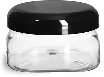4 oz Clear PET Square Jars w/ Black Smooth Plastic Lined Dome Caps