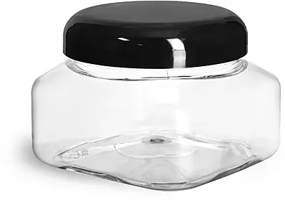 8 oz Clear PET Square Jars w/ Black Smooth Plastic Lined Dome Caps