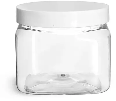 16 oz Clear PET Square Jars w/ White Smooth PE Lined Caps