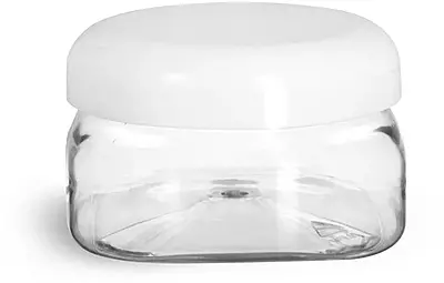 4 oz Clear PET Square Jars w/ White Smooth PE Lined Dome Caps