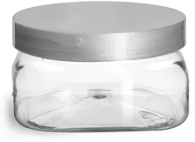 4 oz Clear PET Square Jars w/ Silver Smooth Lined Caps