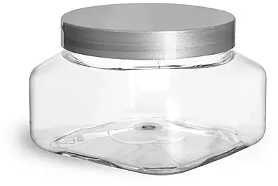 8 oz Clear PET Square Jars w/ Silver Smooth Lined Caps