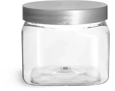 16 oz Clear PET Square Jars w/ Silver Smooth Lined Caps