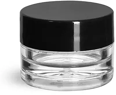 1/8 oz Clear Styrene Thick Wall Jars w/ Black Smooth Plastic Lined Caps