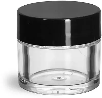 1/4 oz Clear Styrene Thick Wall Jars w/ Black Smooth Plastic Lined Caps